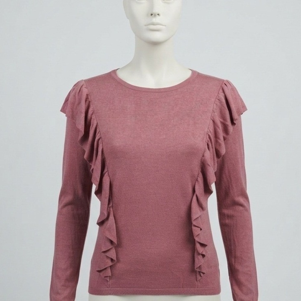 Chaps Womens Large Mauve Pink Ruffle Trim Long Sleeve Cotton Modal Knit Sweater